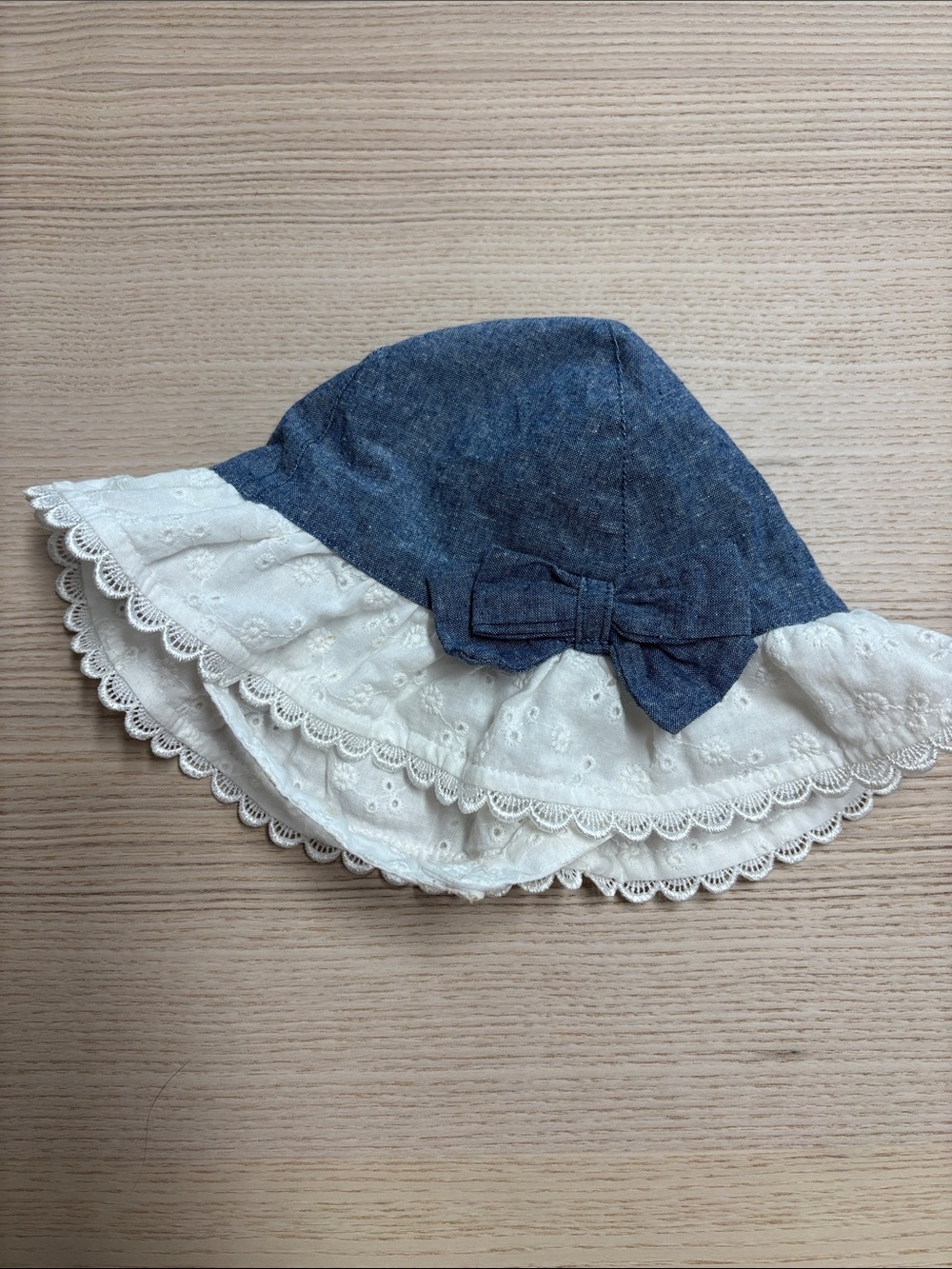 Kids Blue Chambray & Cream Lace Sun Hat with Bow